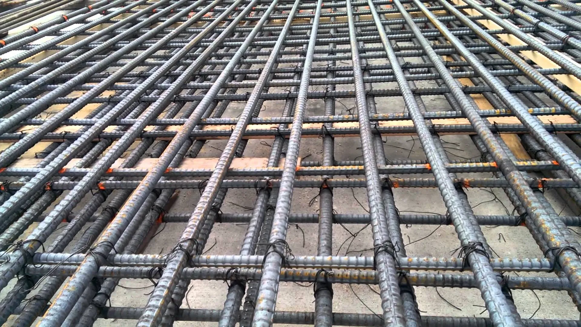 Close-up of a tied rebar grid ready for concrete