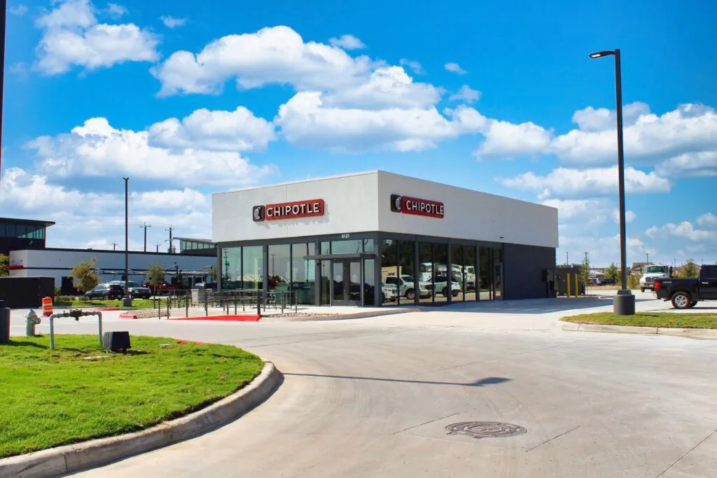New restaurant building with finished concrete paving and approaches